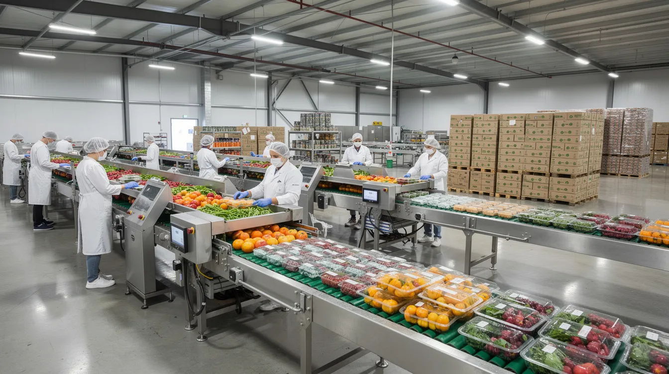 cec53d2a b35a 45f4 818d 8470852627c4 The image depicts a large food processing facility featuring conveyor belts that efficiently process fresh produce into neatly packaged products, illustrating the manufacturing process within the food and beverage industry. This setup highlights significant market demand and the potential for profitable ventures in small scale manufacturing businesses.