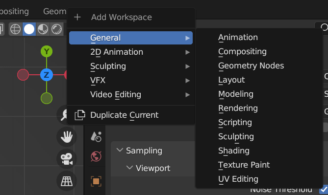 A screenshot of the Add Workspace button inside of Blender 4.0