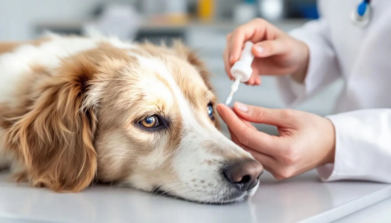 A veterinarian is administering eye drops to a dog to treat a corneal ulcer, showcasing the proper technique for medication administration. The dog