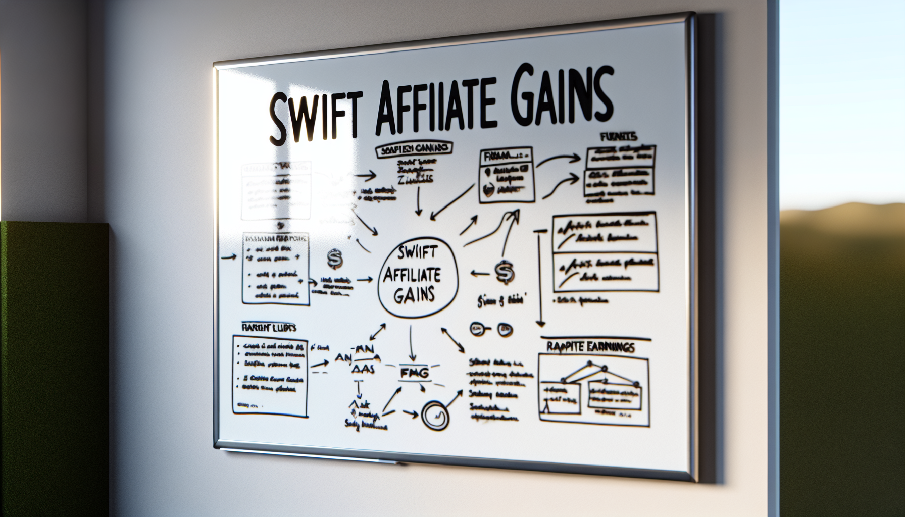 A strategic plan drawn on a whiteboard with 'swift affiliate gains' written on it