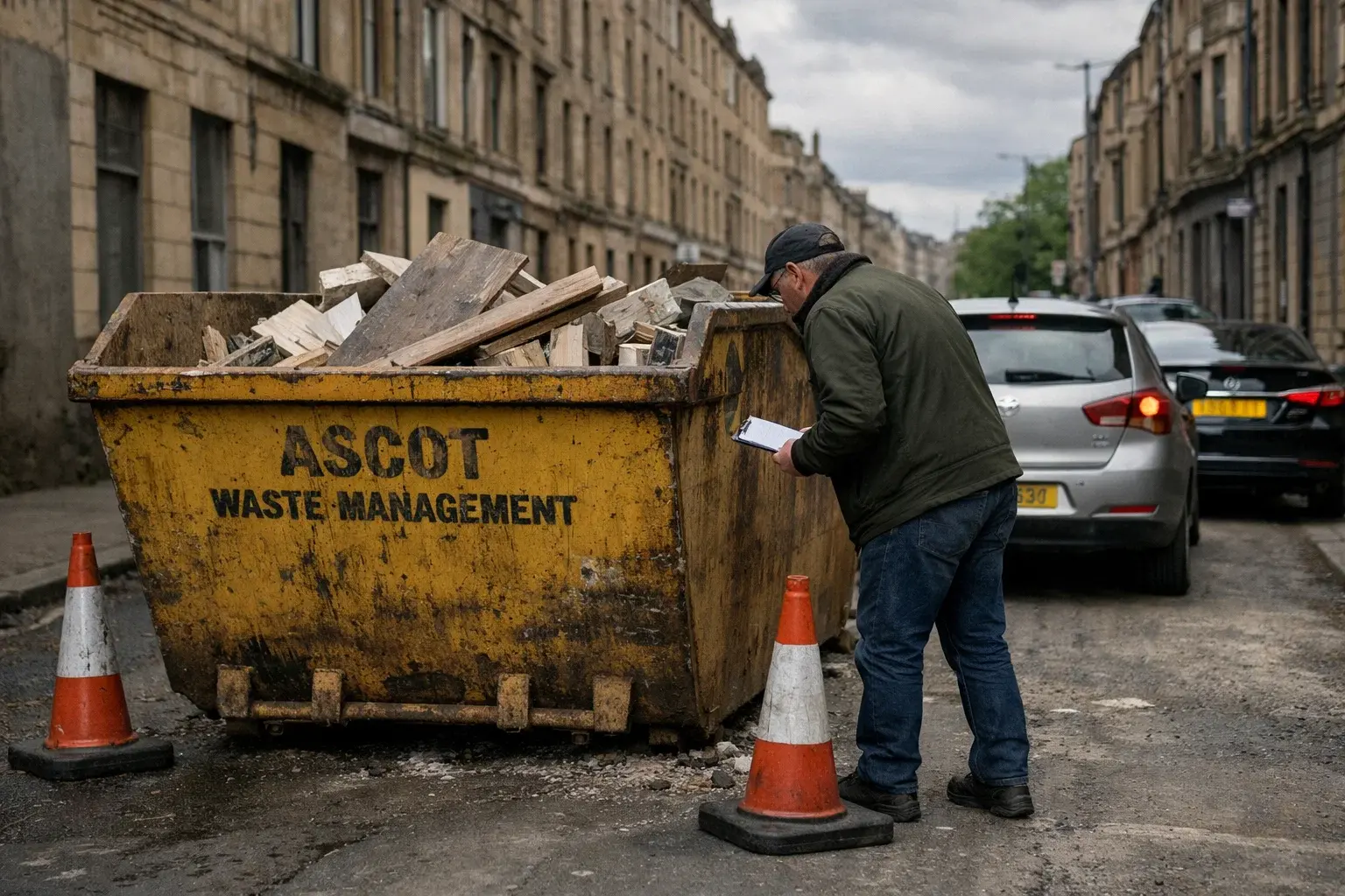 Council worker inspecting a skip placed on a public road without a permit