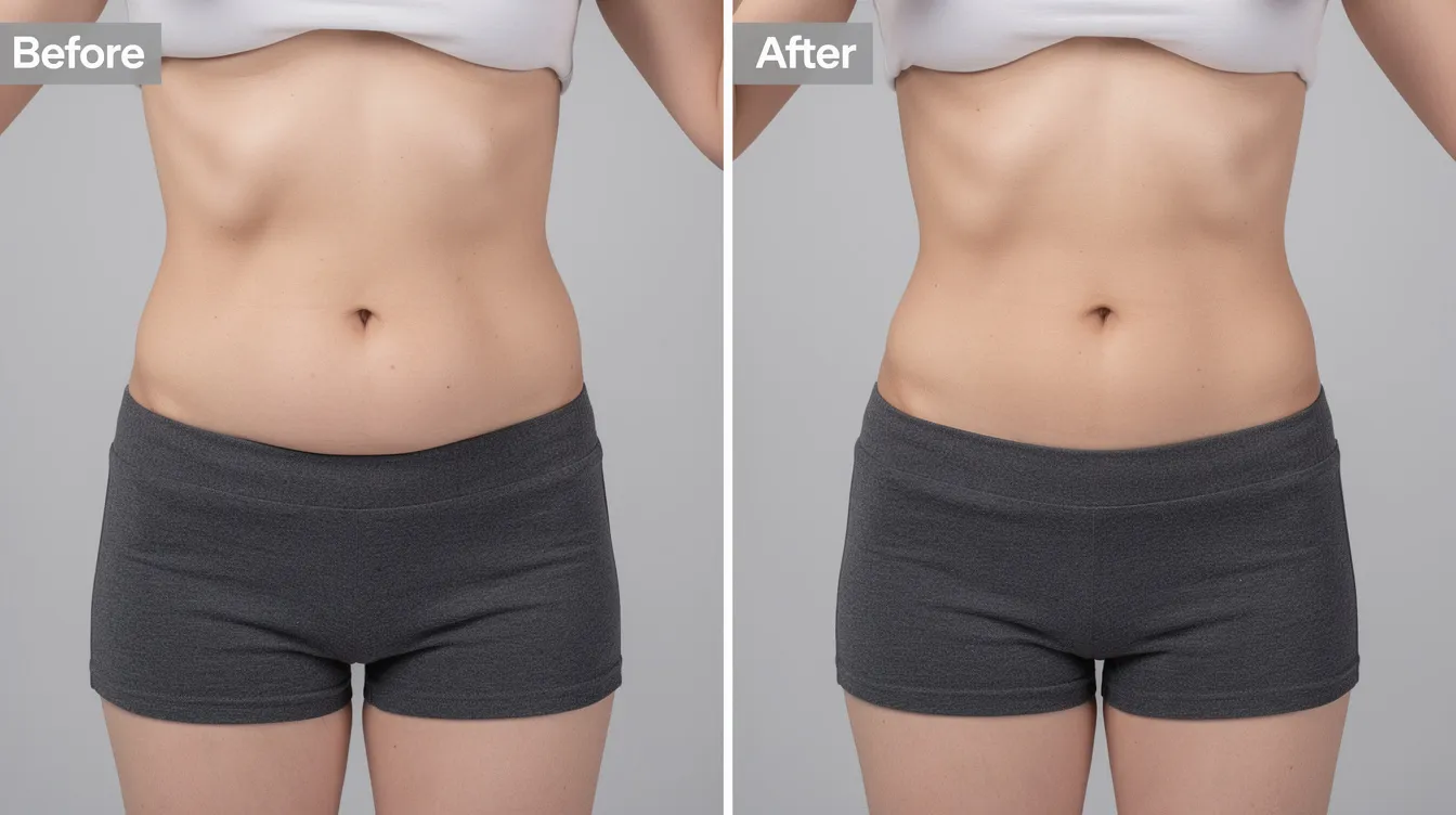 The image displays a side-by-side comparison of a person's midsection, highlighting subtle improvements in abdominal contour after a series of non-surgical body sculpting treatments aimed at reducing stubborn fat cells. The left shows a more pronounced appearance of excess fat, while the right illustrates a tighter, more toned look, reflecting the effectiveness of non-invasive fat reduction methods.