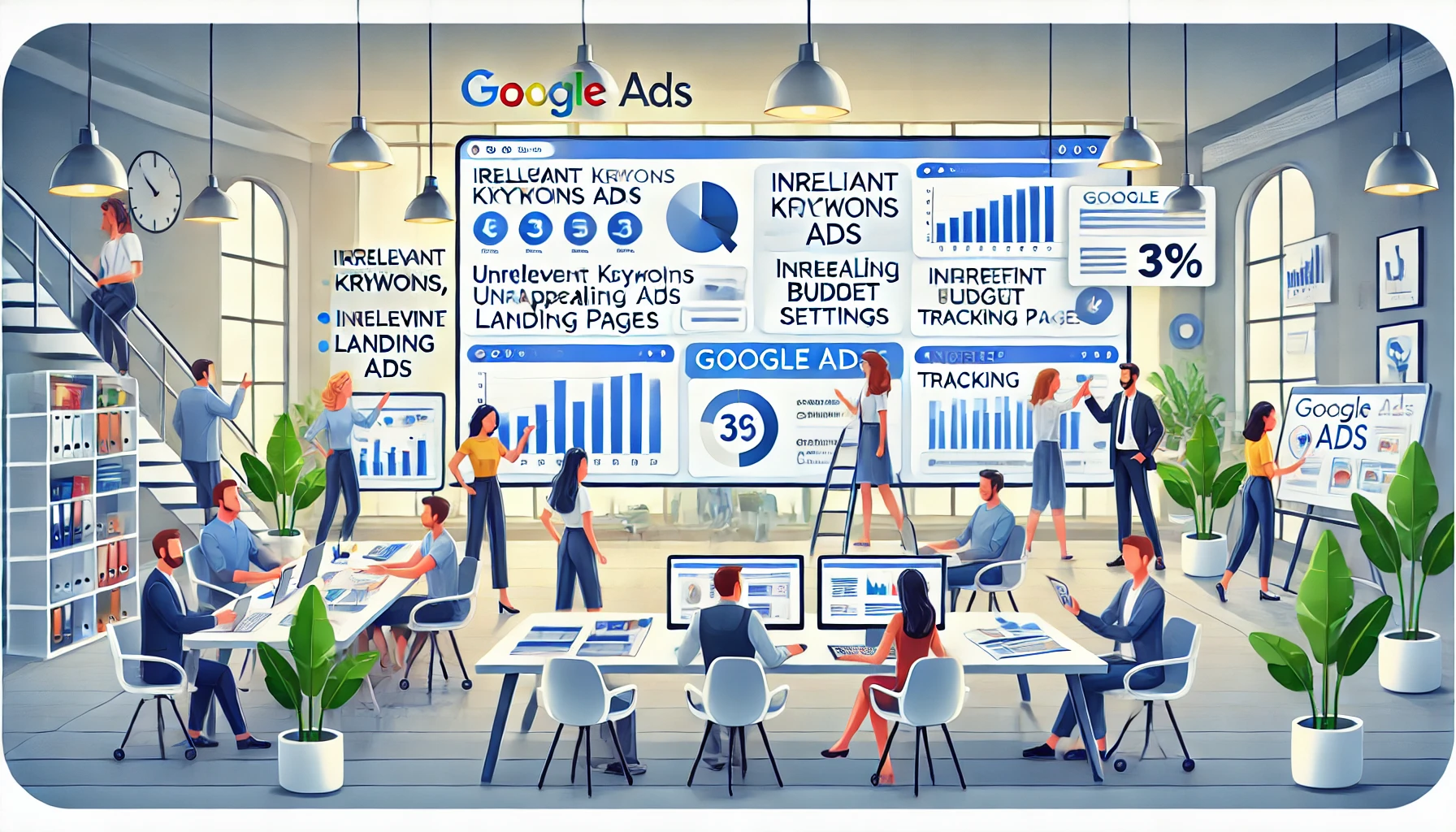 Equipo realizando auditoría de campañas de Google Ads en oficina moderna | Posiciona.Digital