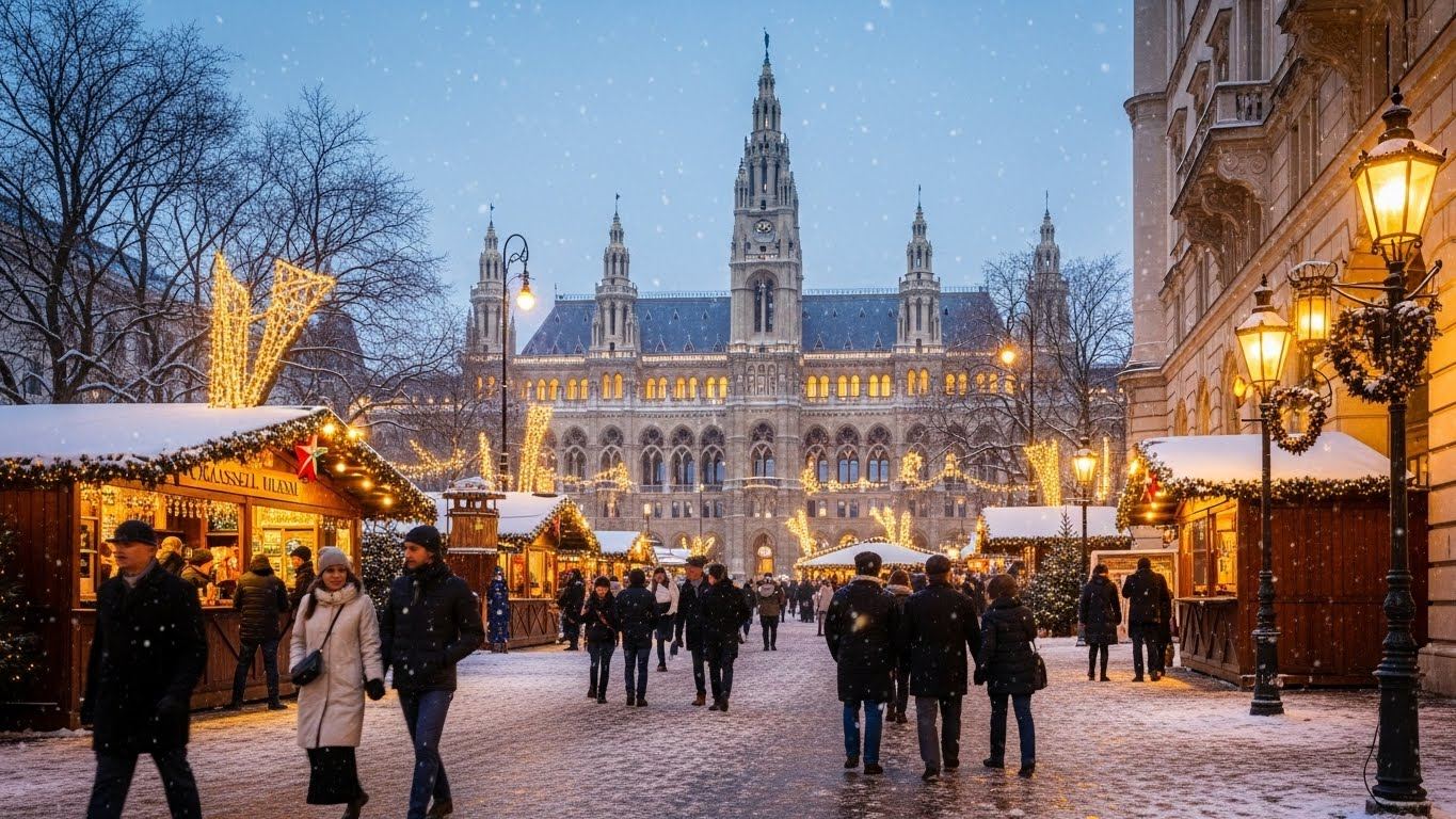 Vienna’s historic streets on New Year’s Eve with warm lights, snowfall, festive decorations, and people walking between market stalls.