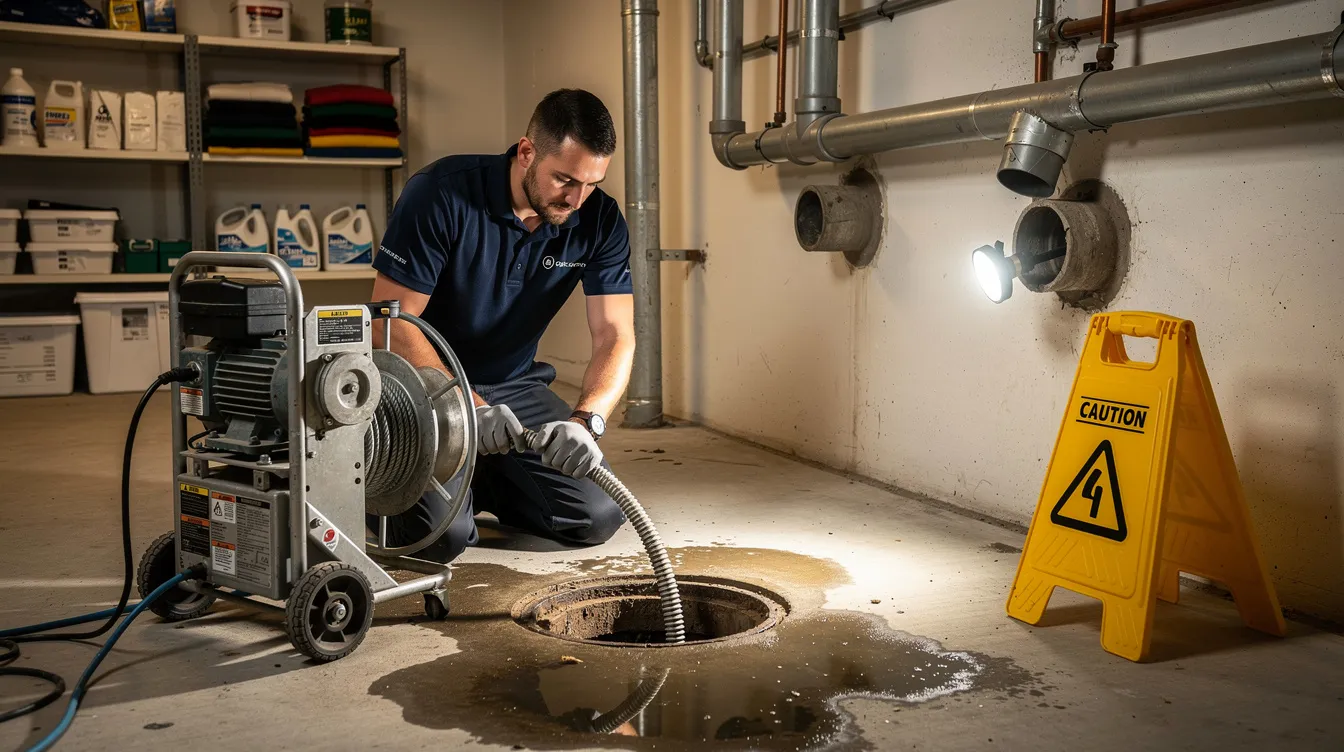 The image depicts a plumber working on a home's sewer line, focusing on the main sewer pipe. Tools and equipment are scattered around, highlighting the importance of maintaining sanitary sewer systems to prevent costly repairs and ensure proper wastewater flow.