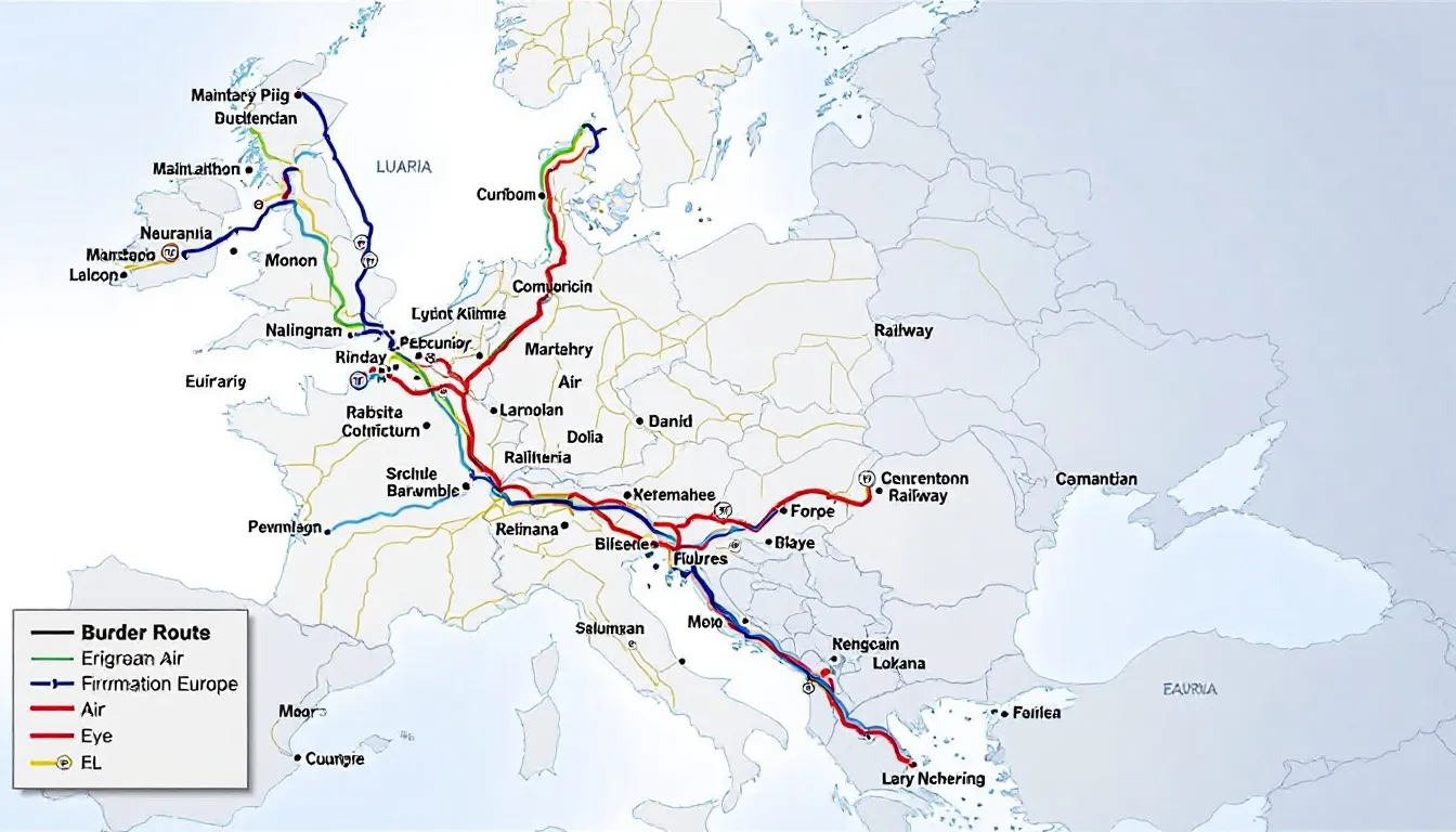 De afbeelding toont een Europese kaart met verschillende transportroutes en grensovergangen, die essentieel zijn voor het internationaal vervoer van goederen over de weg. Deze routes zijn belangrijk voor de toepassing van het CMR-verdrag, dat de rechten en plichten van vervoerders en afzenders regelt.