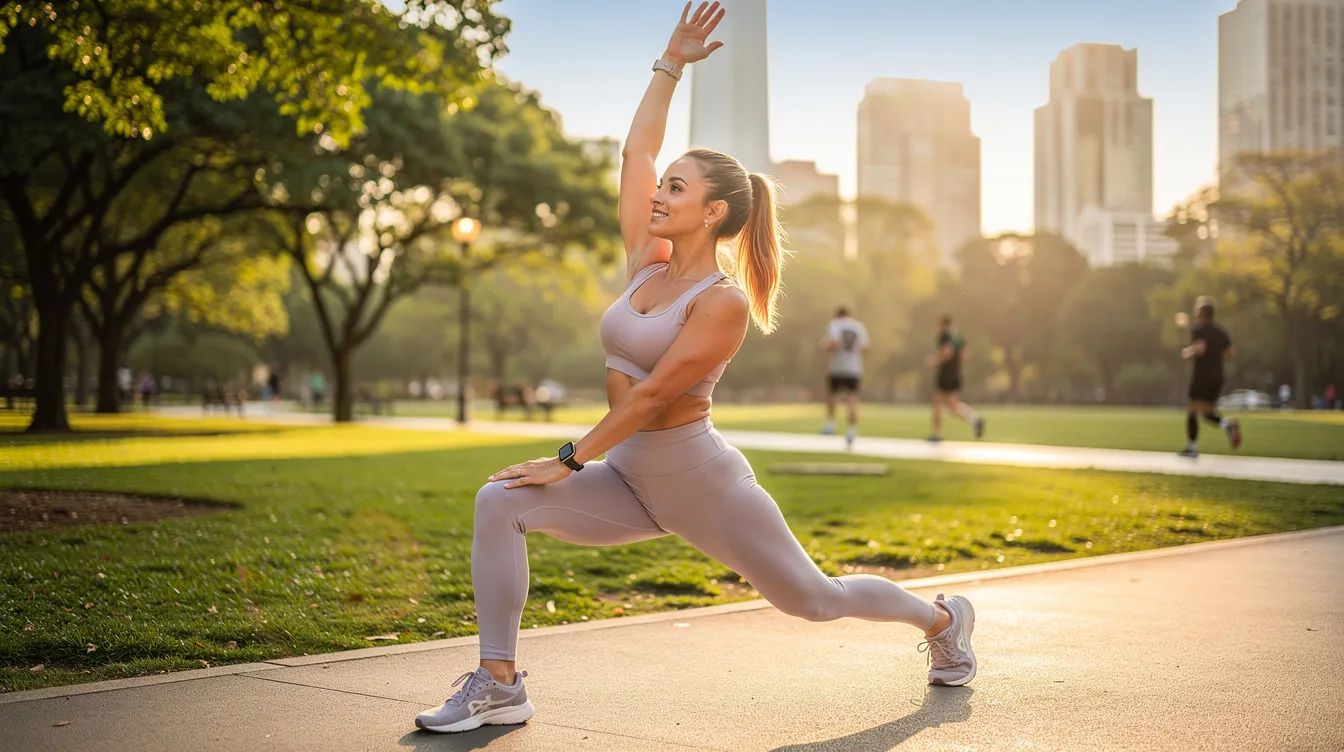 A woman in athletic wear is stretching outdoors in a city park, embodying a healthy lifestyle after undergoing body contouring procedures. The scene highlights her commitment to fitness and well-being, representing the positive results of body sculpting techniques following significant weight loss.