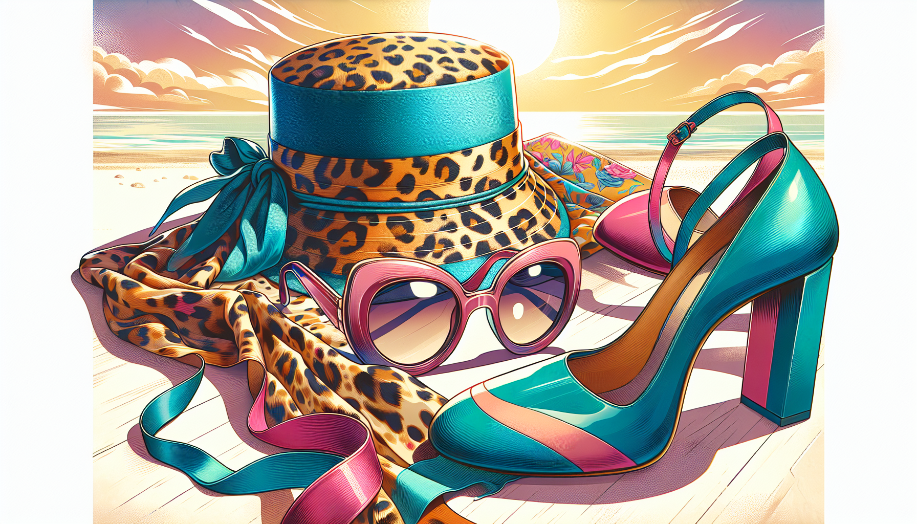 Accessoires und Schuhtrends für den Sommer 2024: Illustration von Retro-Sonnenbrillen, Leopardenmuster, Bucket Hats und Kitten Heels.