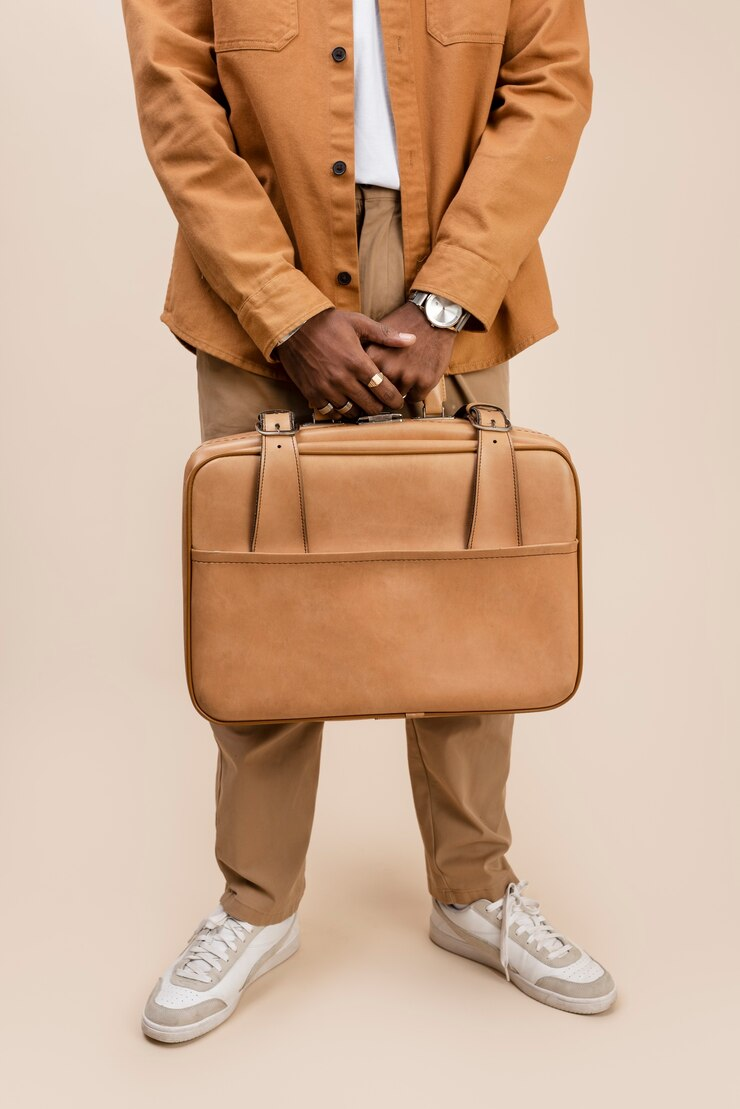 Leather briefcases are crafted with detail and features for shoulder straps and multiple pockets for access.