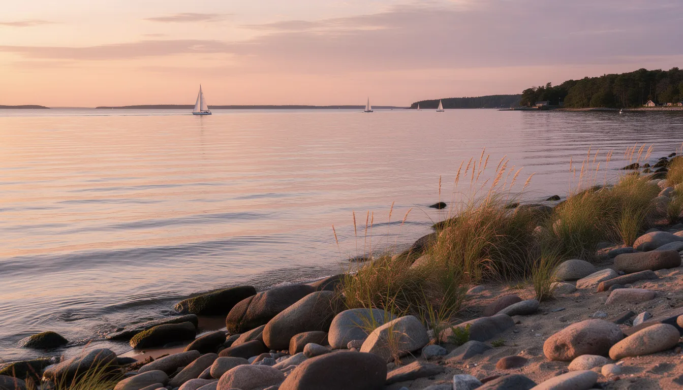 The image depicts a serene sunset over the Connecticut shoreline, with vibrant hues reflecting on the water and sailboats gently gliding in the distance, creating a tranquil atmosphere. This picturesque scene embodies the beauty of coastal living, which can be a significant aspect of the home buying process for service members looking to relocate to Connecticut.