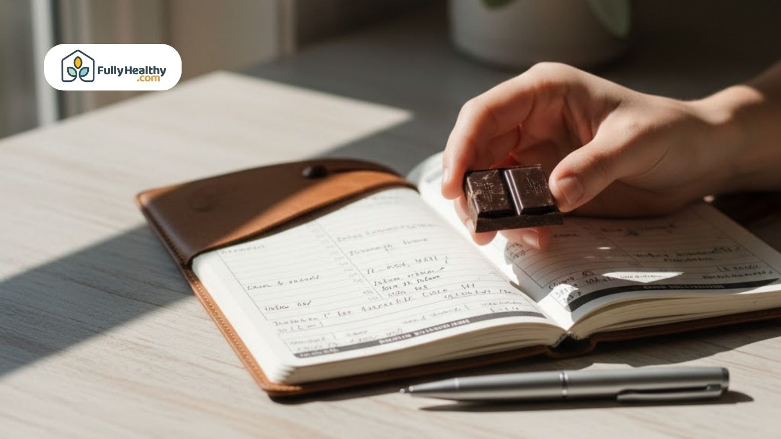 Hand holding a piece of dark chocolate over an open notebook for meal planning.