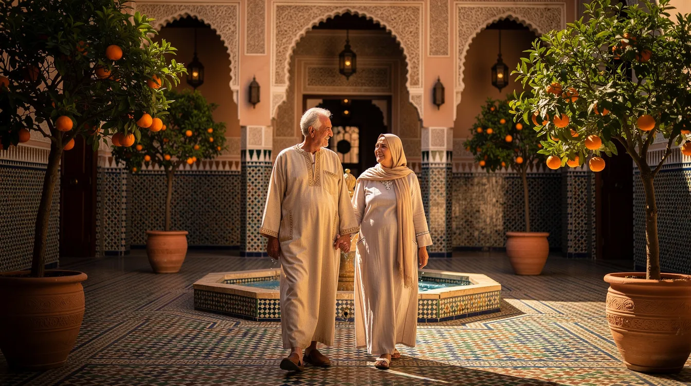 An elderly couple strolls through a sunlit courtyard of a traditional Moroccan riad, surrounded by vibrant mosaic tiles and lush orange trees, capturing the essence of Morocco's rich cultural heritage. This serene scene reflects the charm of North Africa and offers a glimpse into the tranquil lifestyle found in the kingdom of Morocco.