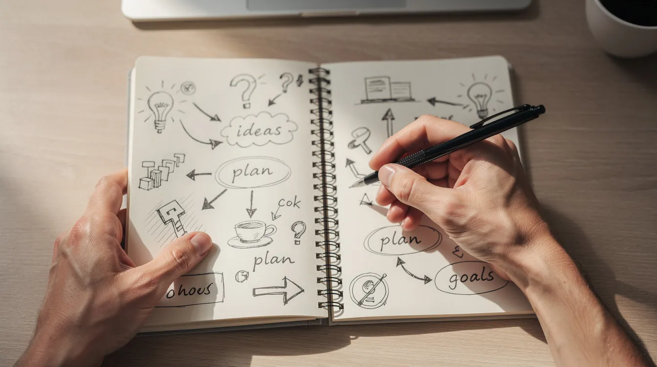 The image shows two hands holding a notebook and a pen, symbolizing a collaborative brainstorming session where two people are discussing ideas about their relationship and compatibility. This moment captures the essence of exploring feelings and future possibilities together.