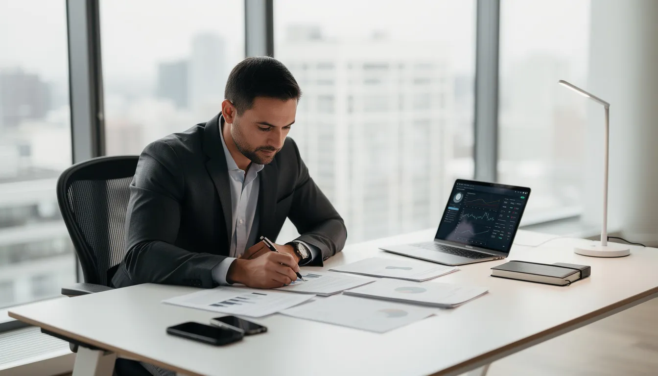 A business owner is sitting at a modern office desk, reviewing various financial documents that likely relate to cash flow and payment processes. The organized workspace reflects a focus on efficient management of financial transactions and customer satisfaction.