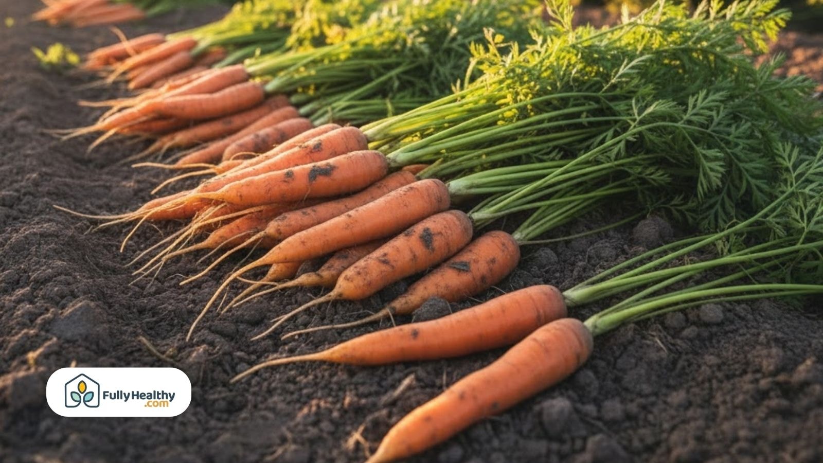 Rows of carrots pulled from garden soil showing roots and greens before seed production.