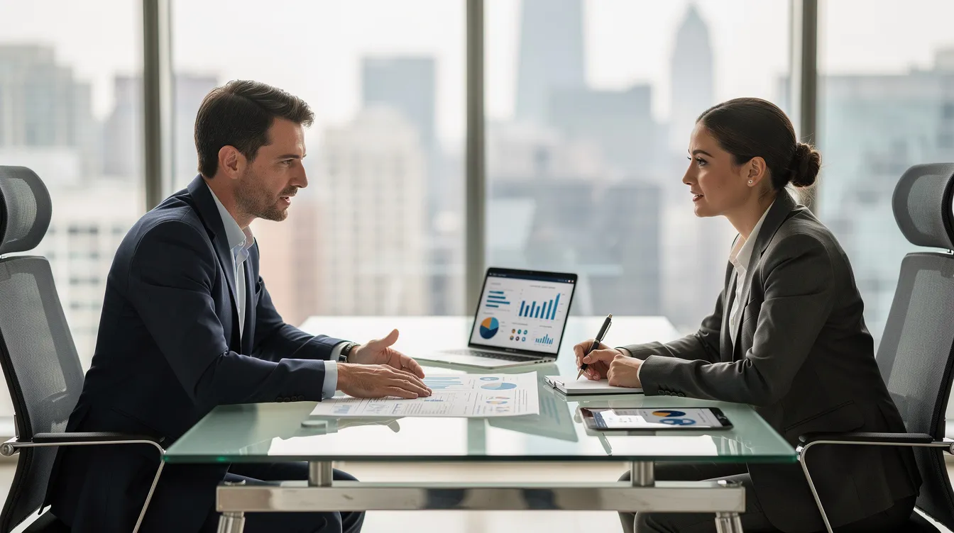 A professional financial advisor is engaged in a discussion with a client, reviewing important documents across a sleek, modern office desk. The setting suggests a focus on financial matters such as debt restructuring and loan options, emphasizing the advisor's expertise in managing financial situations.