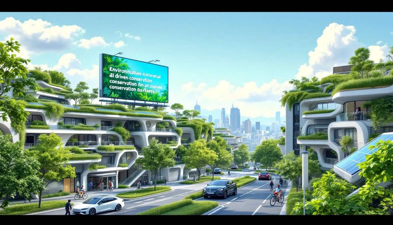 In this image, a futuristic cityscape is depicted, showcasing a blend of technology and nature, highlighting environmental responsibility in the AI era. The skyline features solar panels and wind turbines, symbolizing the shift towards renewable energy sources to meet the growing energy demand of AI data centers while reducing global greenhouse gas emissions.