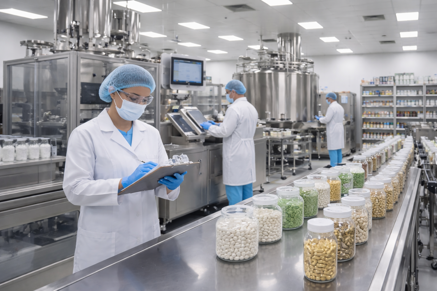 In a clean lab setting, a lab worker in protective gear reviews data on a clipboard, with jars of colorful capsules lined up on a table.