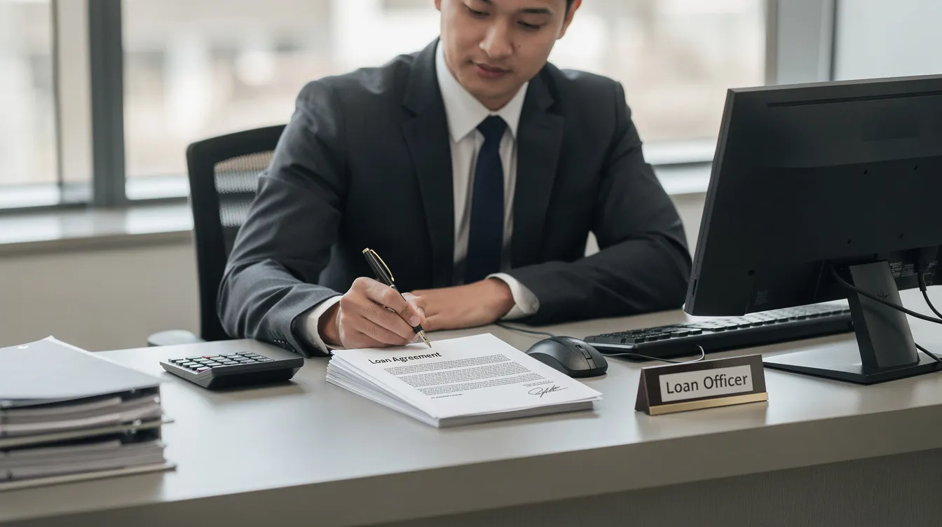 ced73a8e 12d4 4b9a 8acc 357589b7918f A person is seated at a bank desk, intently reviewing loan documents with a pen in hand, likely assessing the terms and conditions of a personal loan. This scene highlights the crucial role of the primary borrower and the potential risks involved, especially if the borrower defaults on their obligations.