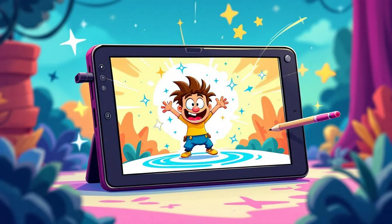 Une tablette utilisée pour l'animation 2D, montrant un dessin en cours de création.