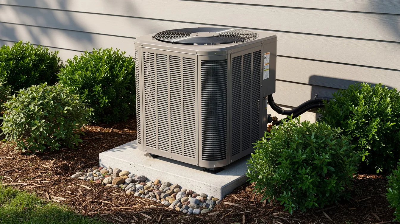 A modern outdoor Lennox air conditioning unit is positioned next to neatly landscaped shrubs, showcasing its sleek design and efficient cooling capabilities. This energy-efficient AC unit is part of a reliable air conditioning system, ideal for homeowners looking to enhance their comfort while managing costs.