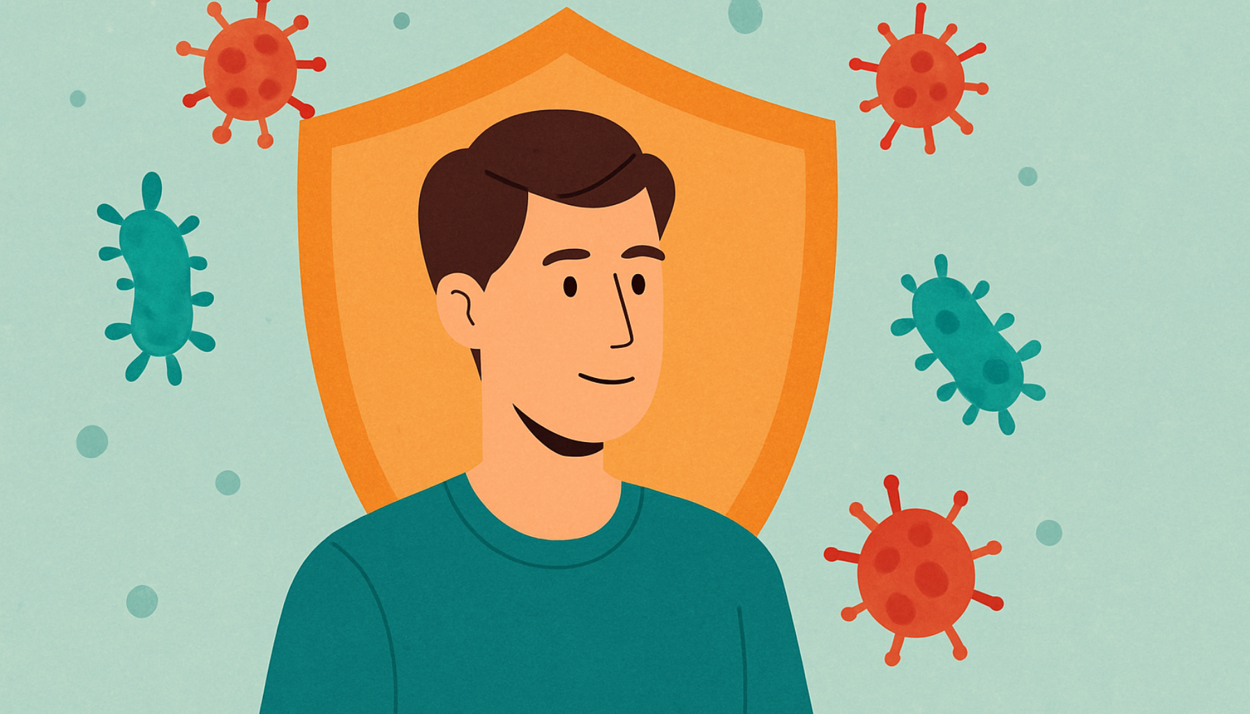 Mann står foran et beskyttende skjold omgitt av virus og bakterier, som symboliserer kroppens immunforsvar mot sykdom.