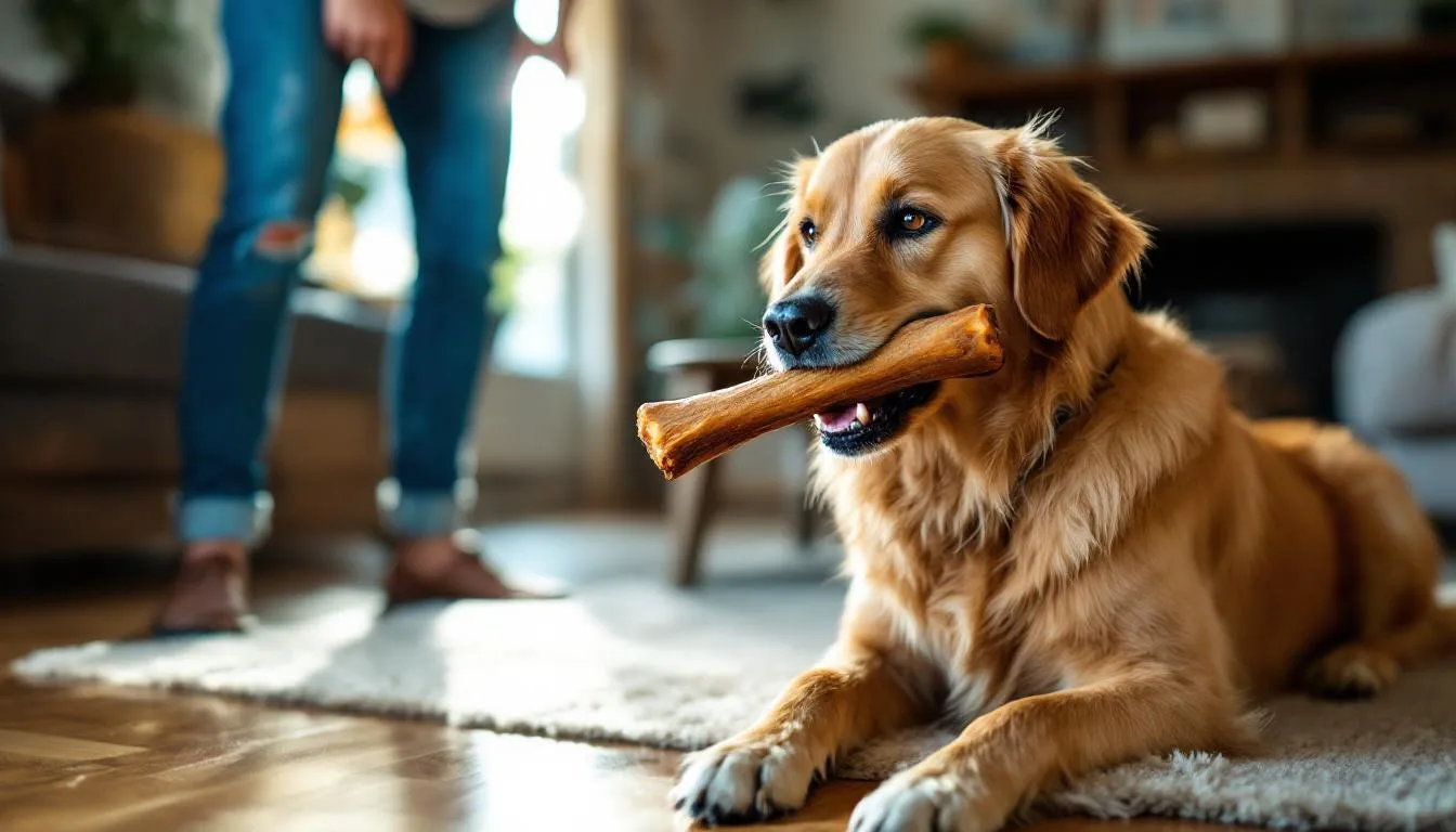 A dog is happily chewing on a high-quality bully stick while its owner supervises, ensuring that the dog is safe and enjoying this beneficial treat. This long-lasting chew promotes dental health and keeps dogs occupied, making it a great option for pet parents.