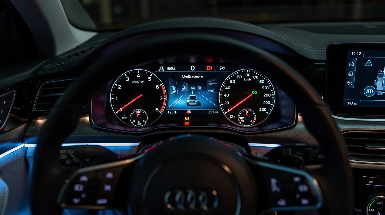 The image features a modern car dashboard, showcasing illuminated speedometer gauges and digital displays that create a high-tech cockpit atmosphere. This sleek design reflects the sophistication similar to that found in digital marketing agencies focused on enhancing search visibility and online presence through effective SEO strategies.