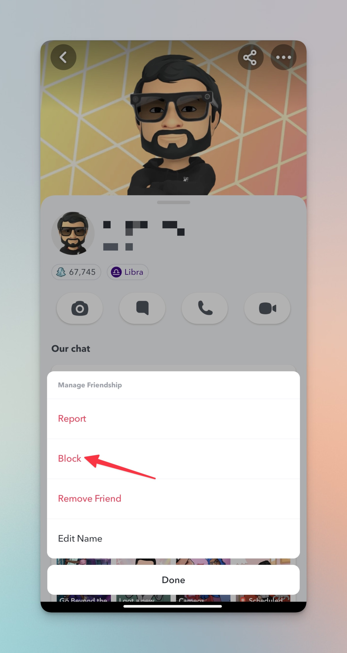 Remote.tools сочи, за да блокира опцията за блокиране на този акаунт в Snapchat