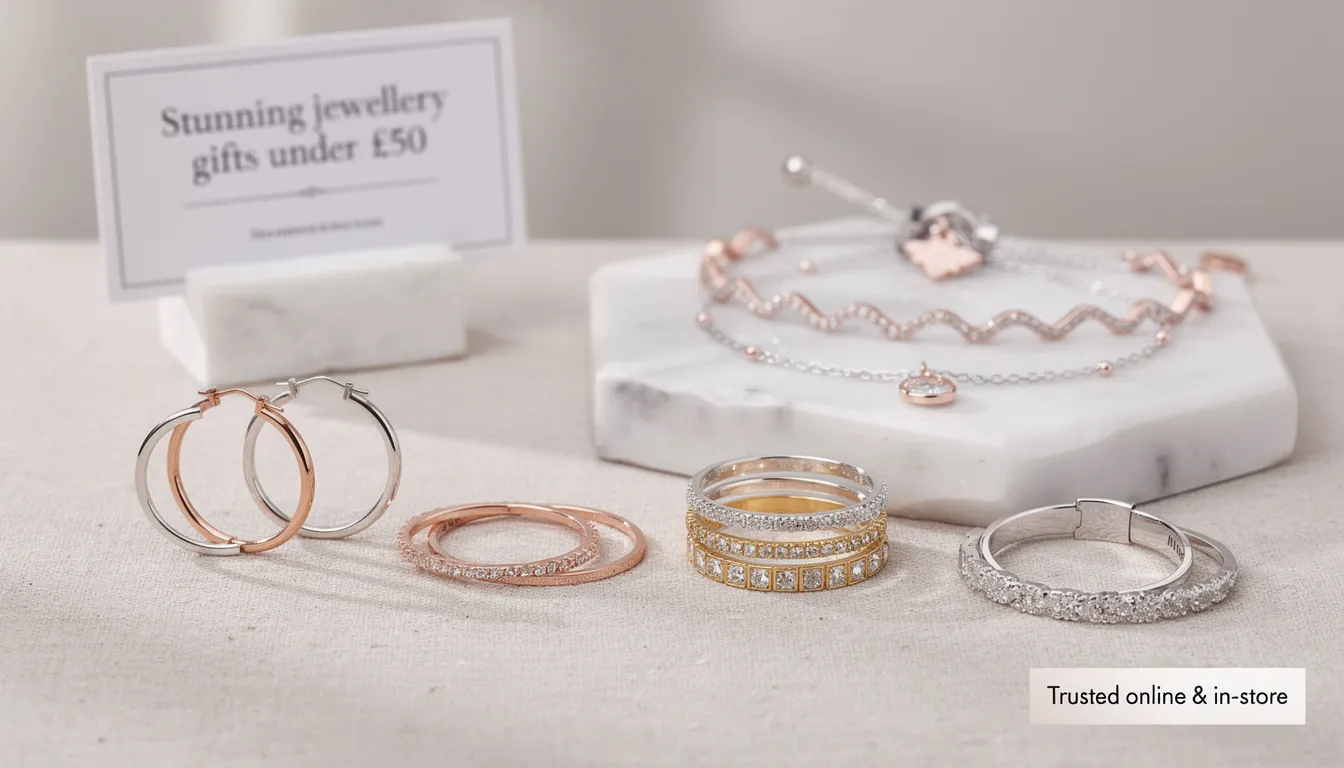 The image showcases a selection of stunning jewellery gifts, including delicate sterling silver and rose gold pieces, such as trendy hoop earrings and elegant bracelets, all priced under £50. This collection highlights exquisite craftsmanship and offers a variety of styles perfect for special occasions like birthdays or Mother's Day, making it easy to find the ideal present for your loved ones.