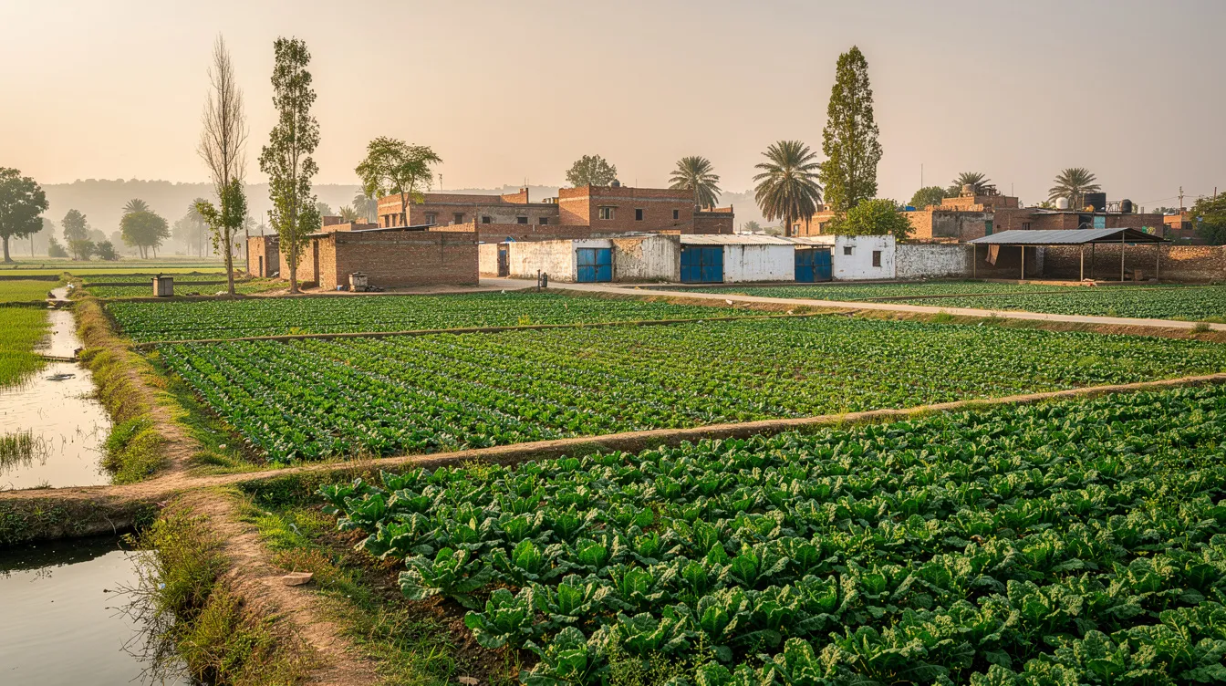 The image showcases a vibrant green agricultural field in Punjab, with a quaint village and farm buildings nestled in the background, highlighting the region's potential for profitable business ideas such as dairy farming and organic farming. This picturesque scene reflects the agricultural productivity and opportunities for small scale industries in Punjab's rural areas.