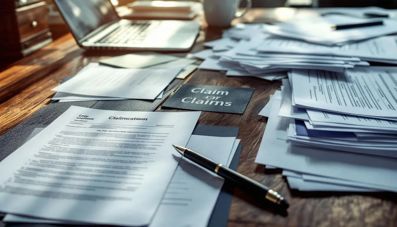 The image shows a cluttered desk with various legal documents and claim forms related to workplace accidents, accompanied by a pen, suggesting the process of filing a workers compensation claim for injured workers. The scene reflects the serious nature of personal injury claims and the importance of seeking legal assistance for workplace injuries.