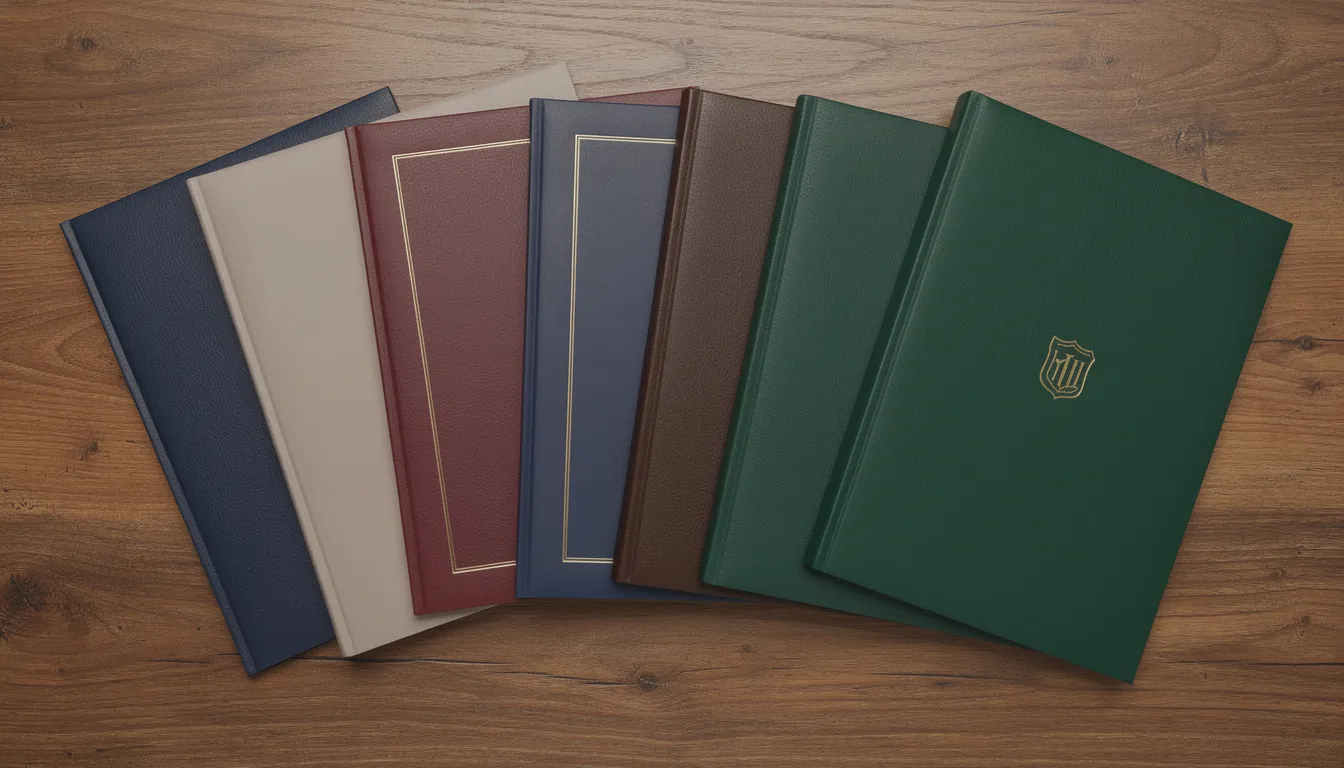 An assortment of custom diploma covers in various colors, including navy, burgundy, and forest green, is displayed on a wooden table. These padded covers are designed to protect important documents and celebrate graduates' accomplishments, making them ideal for commemorating significant moments like graduation.