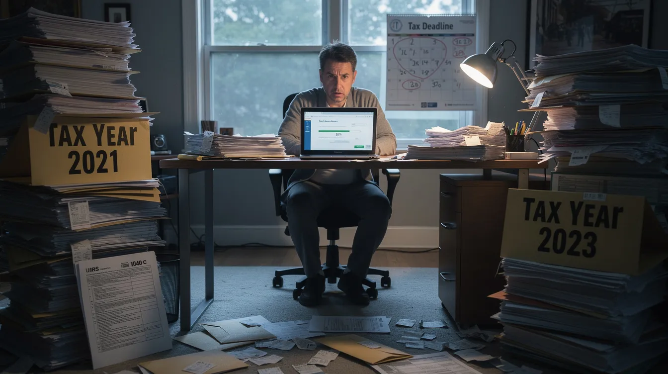 The image depicts a stack of tax documents labeled