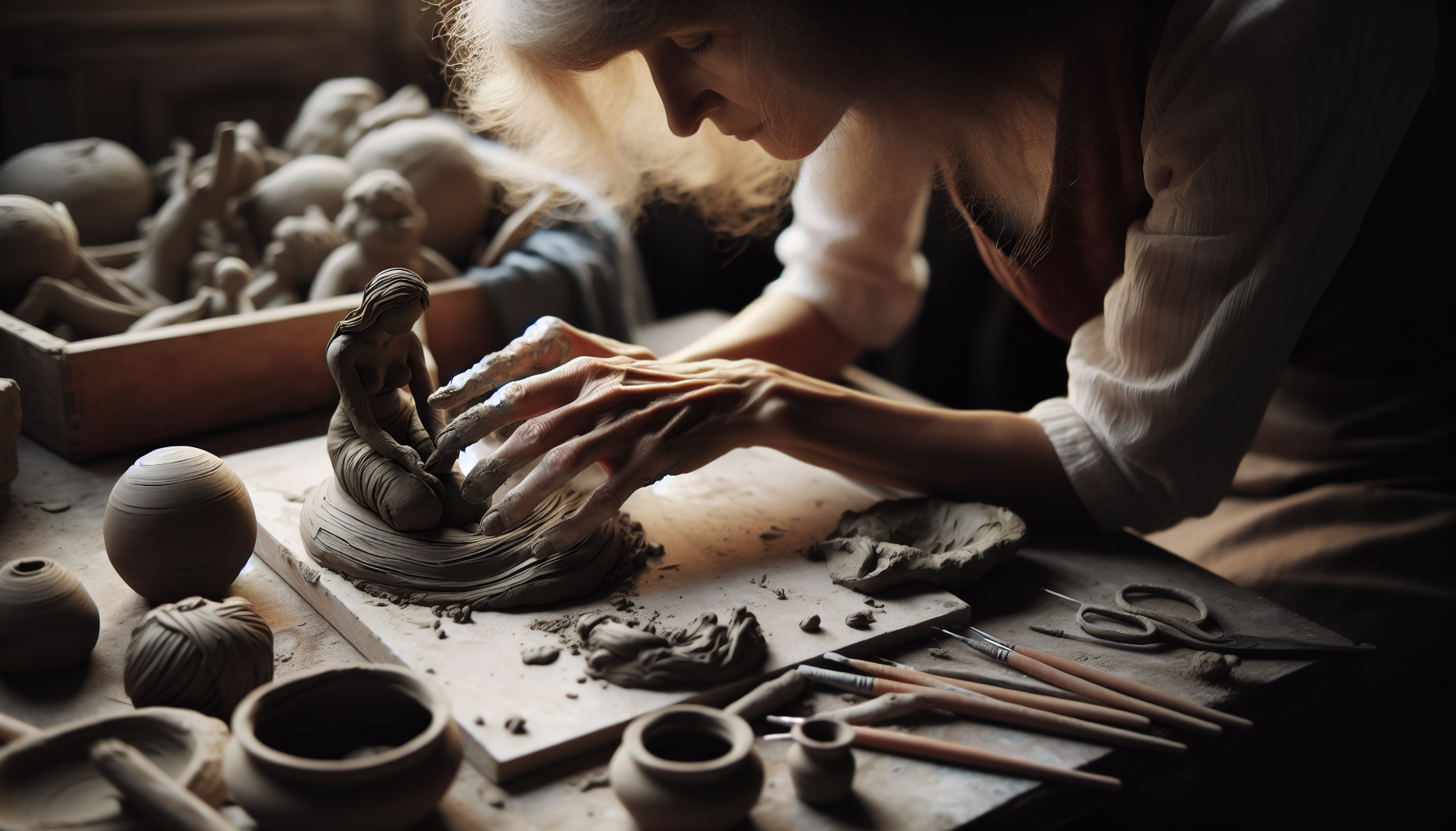 Artist sculpting a detailed clay figurine
