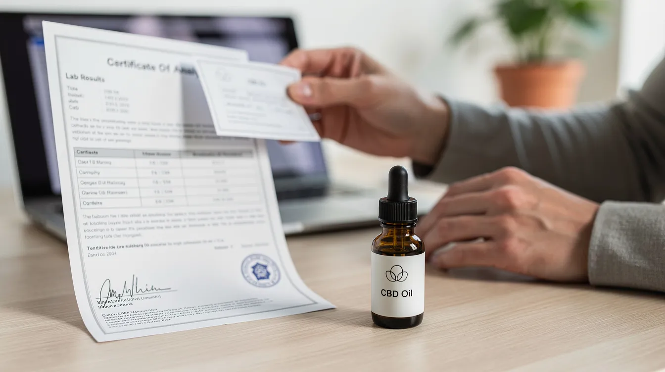 A person is closely examining a printed lab certificate while sitting at a desk, next to a bottle of CBD oil. This scene highlights the importance of third-party lab testing for legal CBD products, as individuals may worry about how CBD use could potentially lead to a positive drug test result.