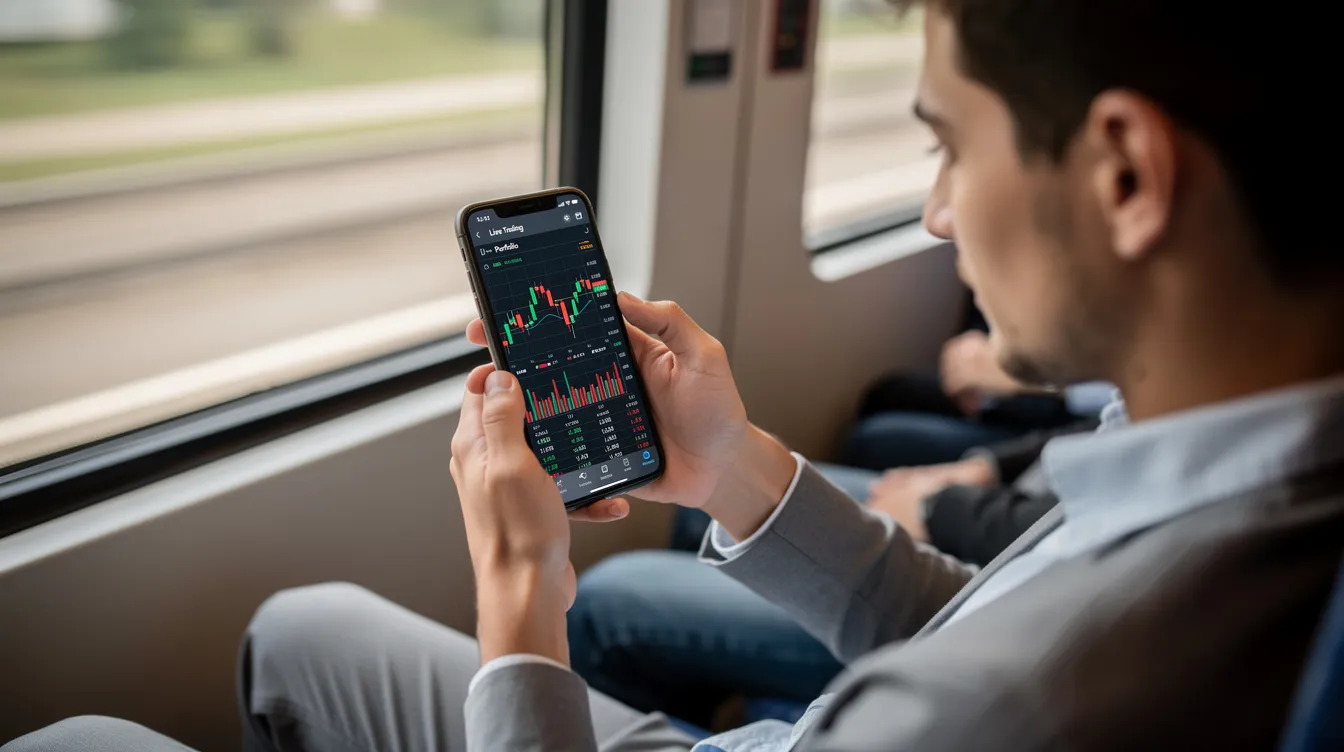 A person is sitting on a train, focused on their smartphone, which displays various trading charts and data related to forex trading. The scene captures the essence of mobile trading, highlighting the convenience of using advanced trading tools and platforms for retail forex traders while commuting.