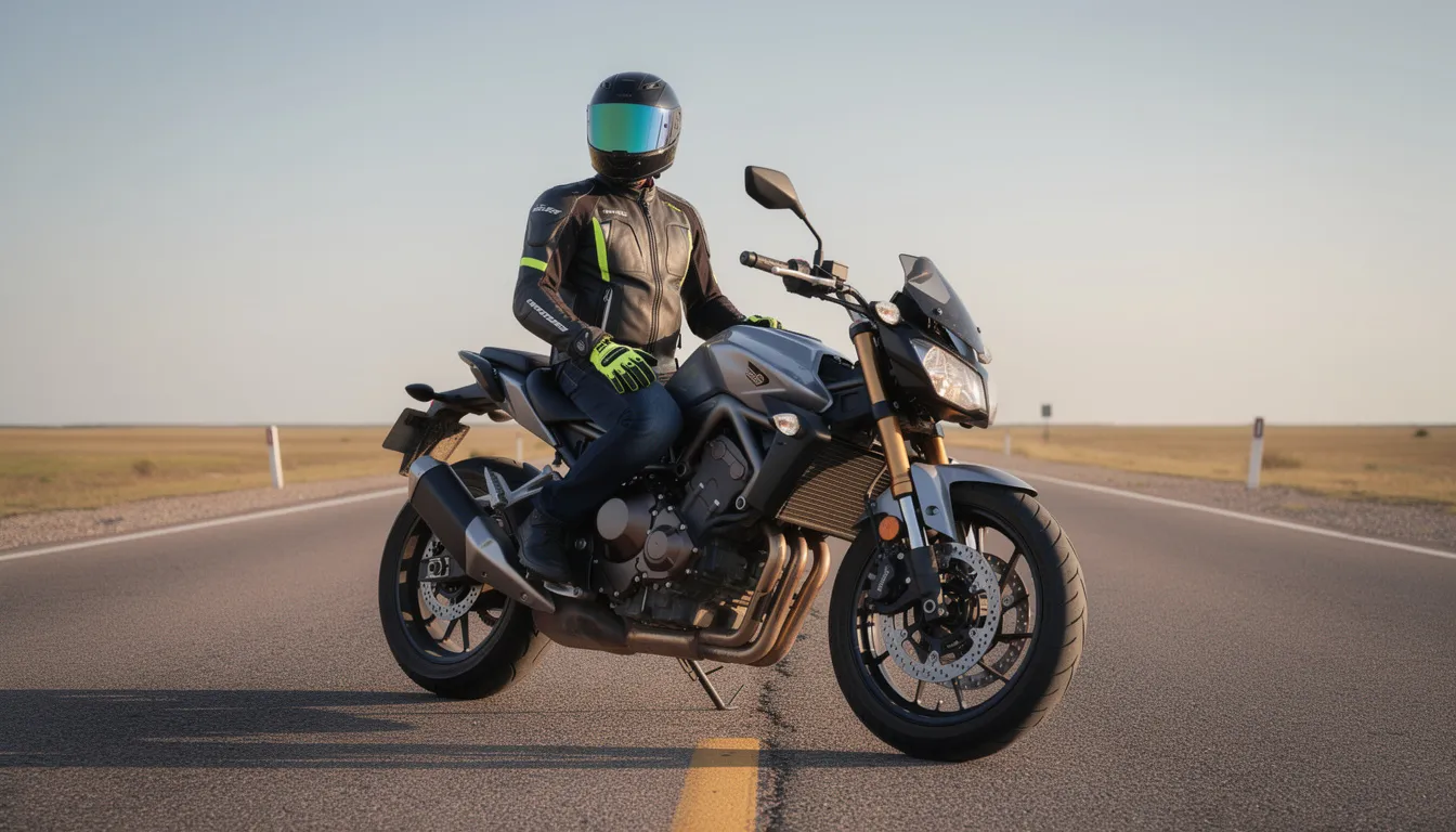 A motorcycle is parked on an open road, with protective gear such as a helmet and gloves resting on the seat, highlighting the importance of safety for riders to prevent common motorcycle accident injuries. The scenic backdrop emphasizes the freedom of riding while also serving as a reminder of the potential risks associated with motorcycle crashes.