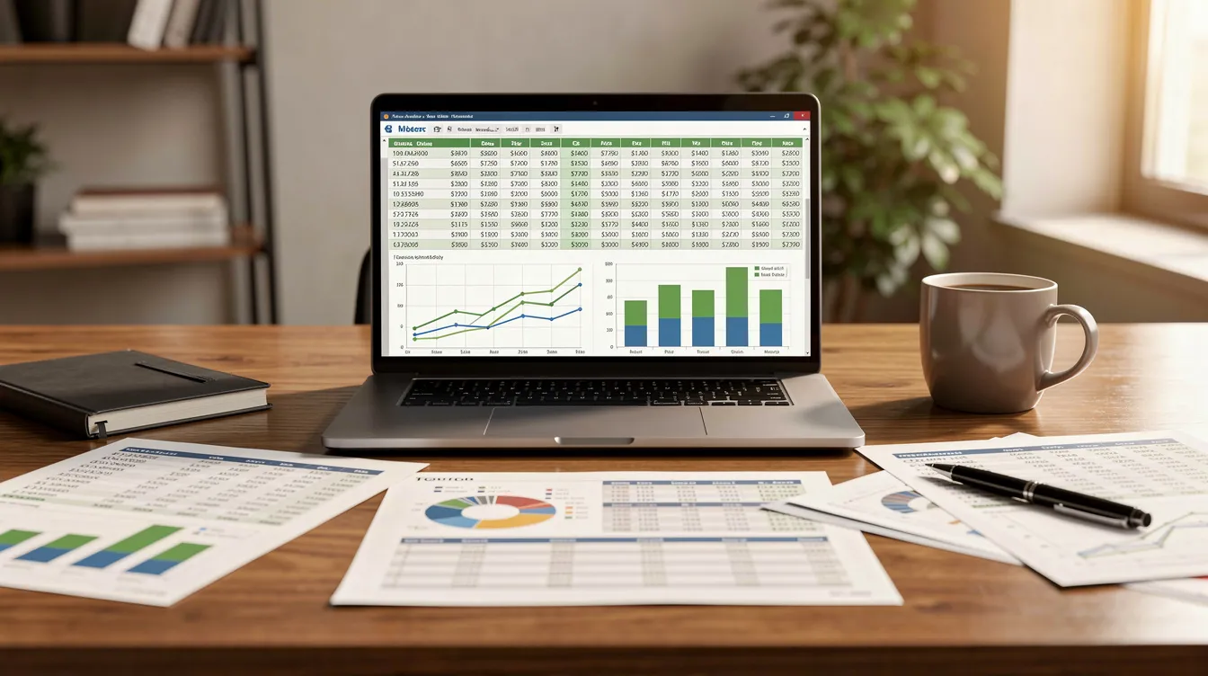 The image depicts a professional workspace featuring a laptop displaying financial spreadsheets and printed charts, all arranged neatly on a wooden desk, which suggests preparation for a detailed project report related to resort development in the hospitality industry. The setting conveys a focus on financial projections and project finance, essential for a successful hotel project.
