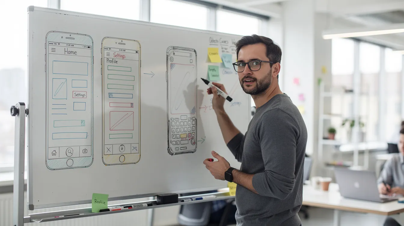 An engineer is sketching wireframe layouts on a whiteboard, illustrating app screens and device enclosures with marker drawings, showcasing the rapid prototyping process used in software development to visualize user interfaces and gather feedback for future development. The scene emphasizes the importance of user-centric design and initial sketches in creating functional prototypes that meet user needs.