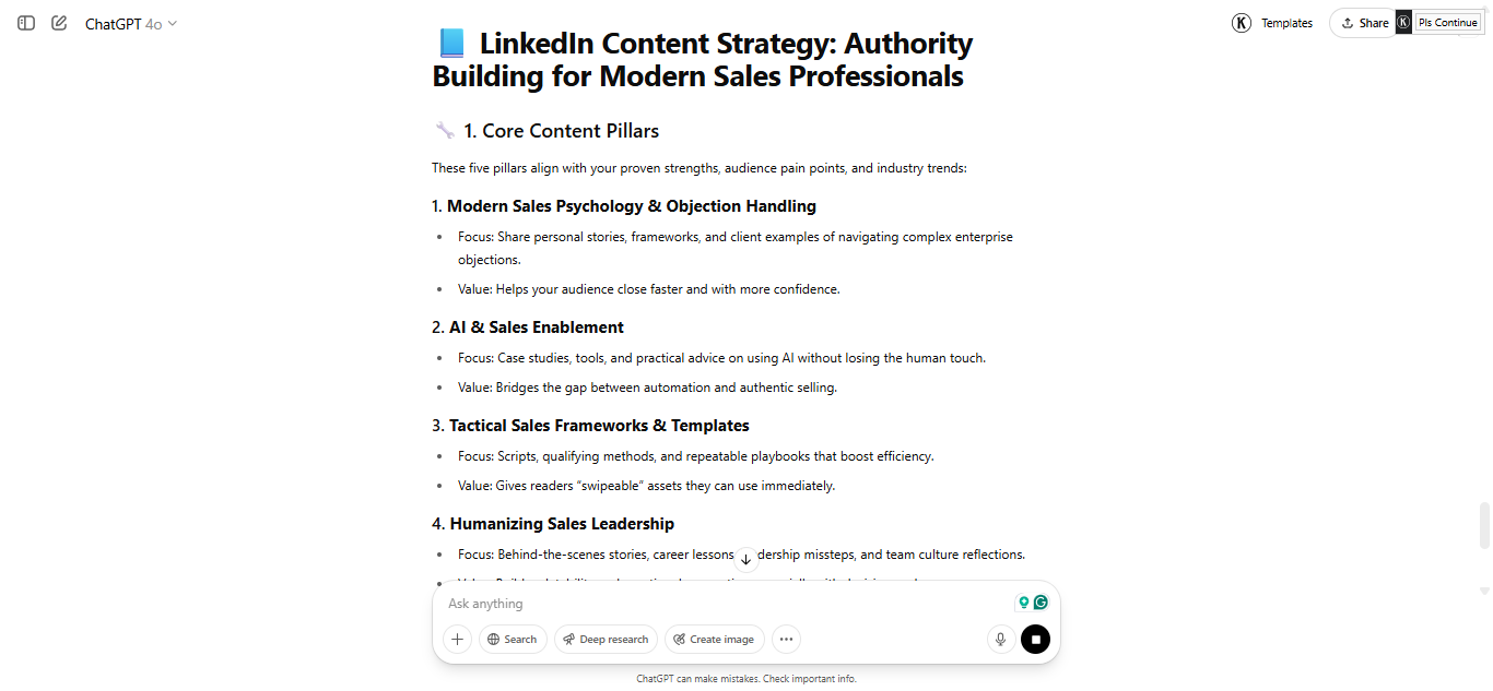 ChatGPT-generated content strategy document showing content pillars, posting frequency, and voice guidelines