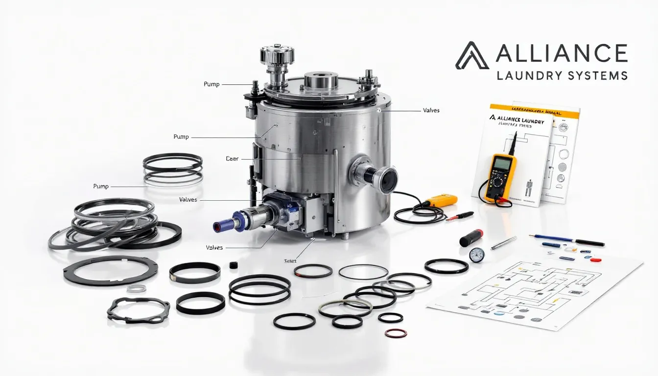 Replacement parts for Alliance Laundry Systems equipment on display.