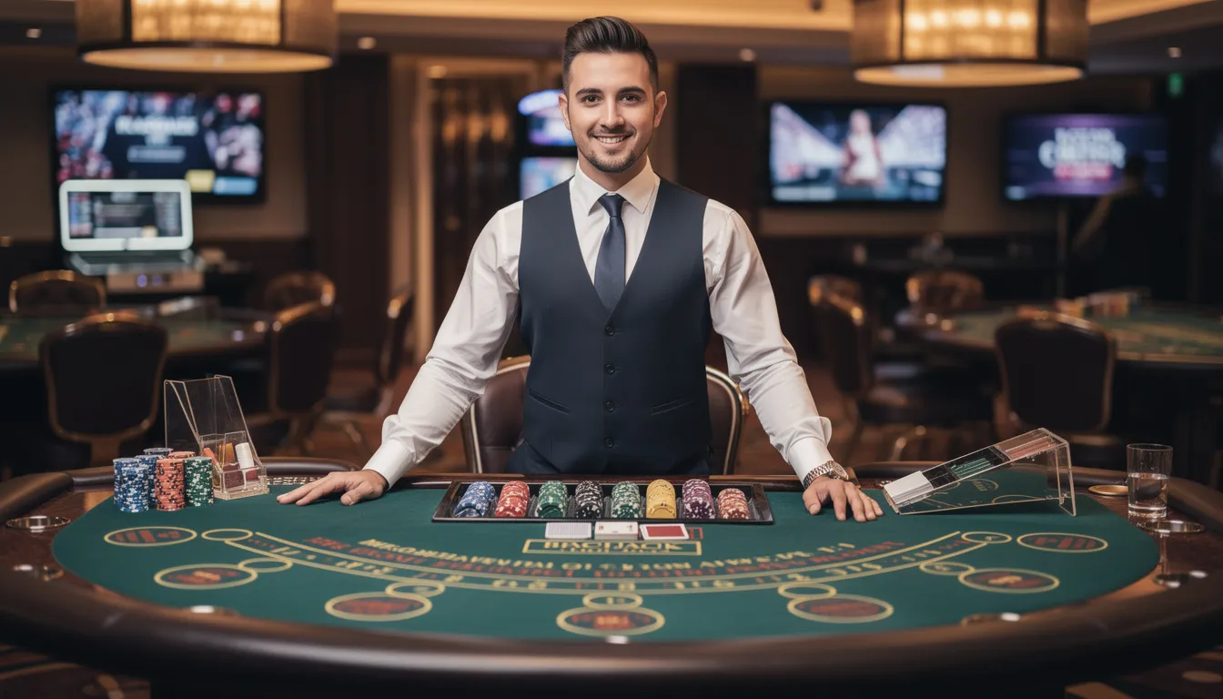 En professionell casinodealer står vid ett spelanklätt bord och leder spelet med fokus och precision. Atmosfären är spännande och energisk, vilket skapar en autentisk live casino-upplevelse för spelare hos Maria Casino.