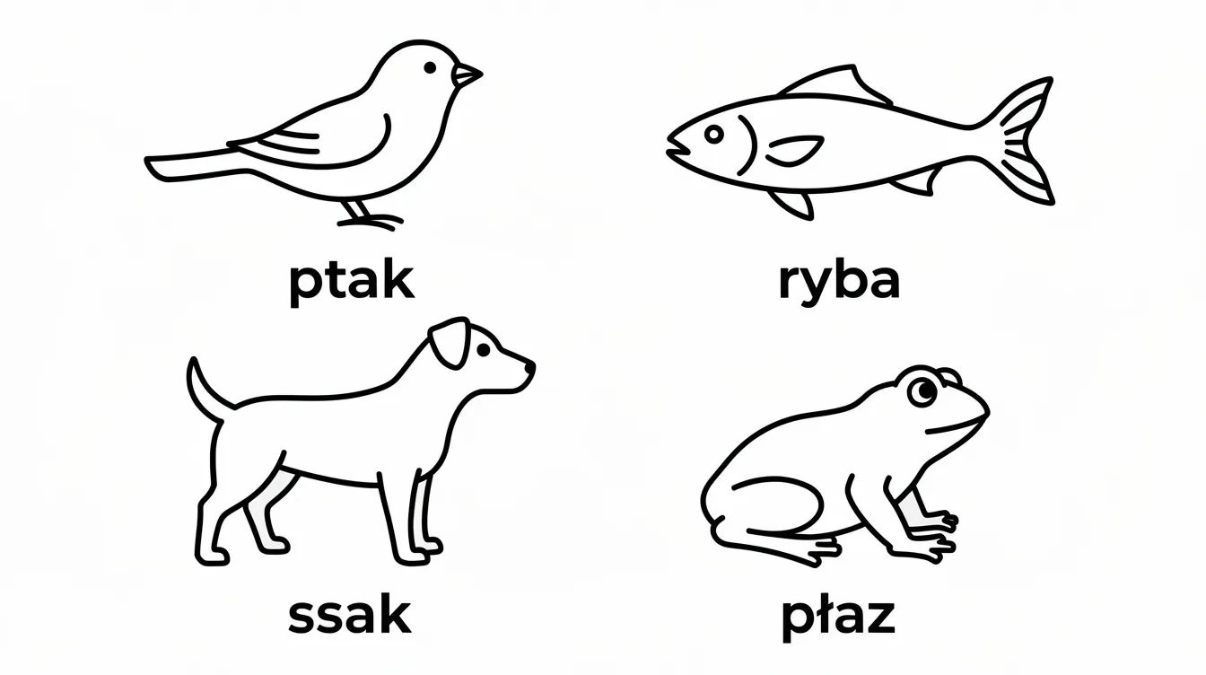 Na obrazku przedstawione są cztery uproszczone kontury zwierząt: ptaka, ryby, ssaka i płaza, które mogą być wykorzystane w zadaniach rozpoznawczych związanych z tematem "świat organizmów". Materiał ten jest odpowiedni dla uczniów klasy 4, w ramach działu 3 "poznajemy świat organizmów".