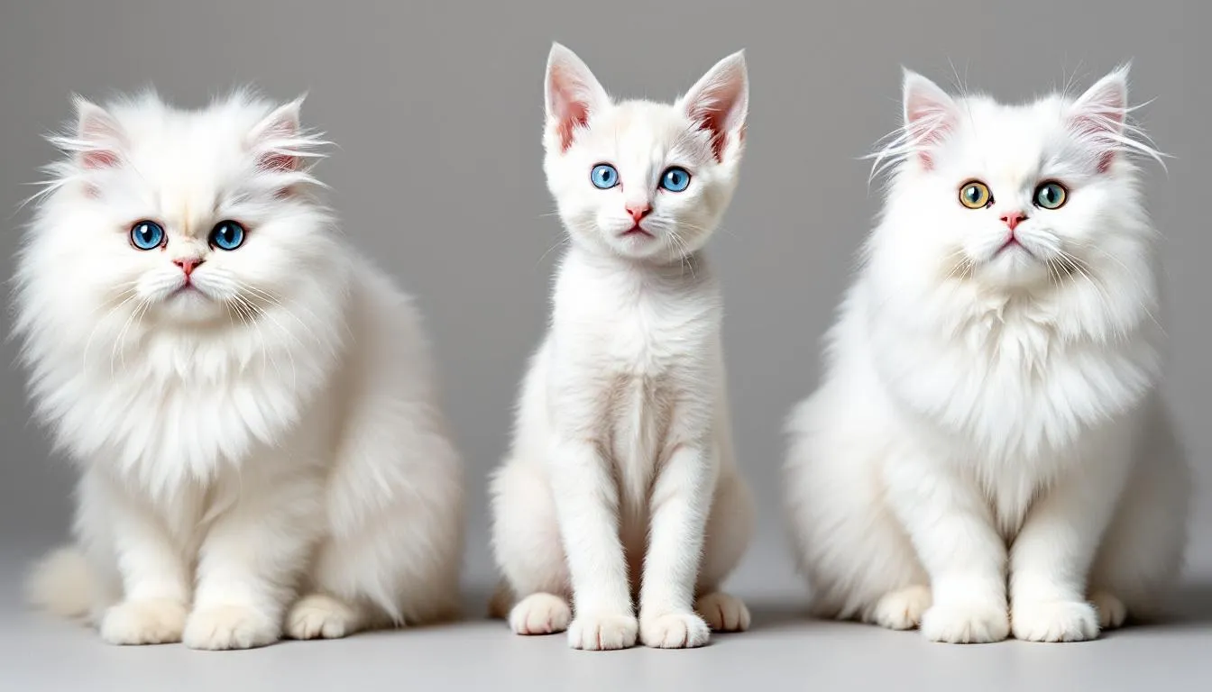 In de afbeelding staan verschillende witte kitten rassen naast elkaar, waaronder de Britse Korthaar, Ragdoll en Maine Coon, die allemaal schattig en speels zijn. De kittens variëren in leeftijd en uiterlijk, met hun kortharige vachten en levendige persoonlijkheden, perfect voor dierenliefhebbers die op zoek zijn naar informatie over het kopen van een kitten.