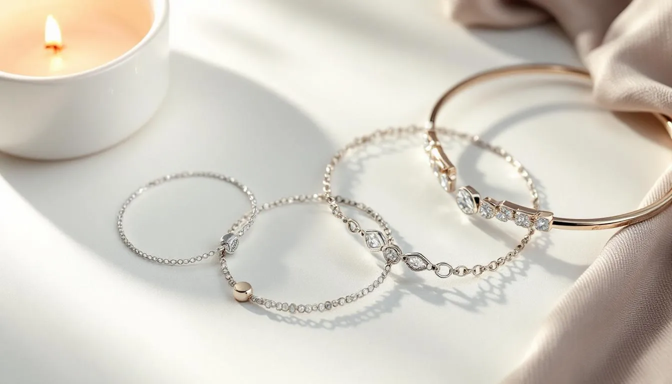 Different styles of silver leg bracelets styled with outfits.