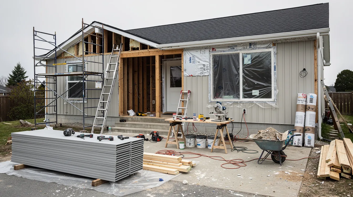 The image depicts a house undergoing renovation, with various construction tools and materials scattered around, highlighting the ongoing home improvements. This setting reflects the potential for accessing home equity through first lien loans or home equity lines to finance such renovations.