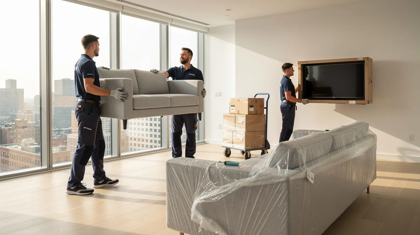 A team of professional movers is seen carrying modern furniture into a bright, empty apartment, showcasing the process of home staging. This staging effort aims to create a welcoming atmosphere for potential buyers, highlighting the importance of staging services in real estate.