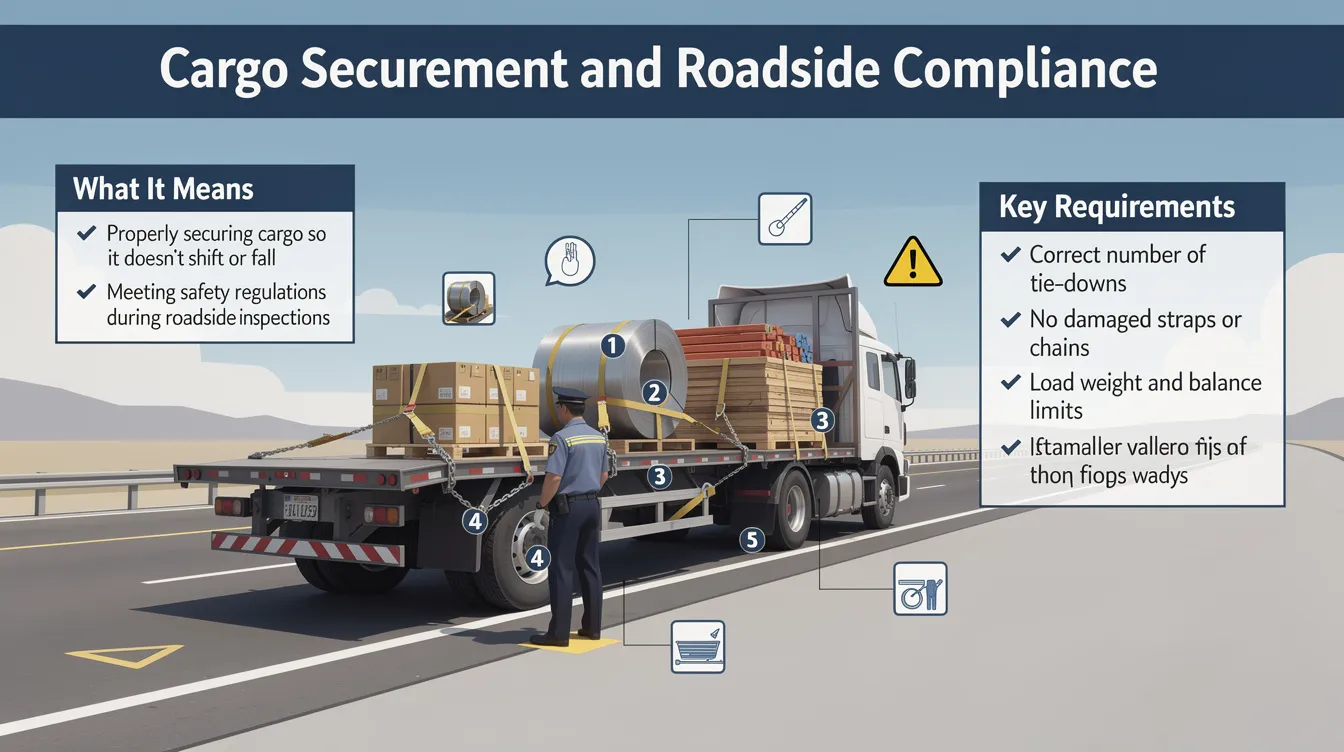 CVSA Roadcheck: The image illustrates the concept of "Cargo Securement and Roadside Compliance," emphasizing the importance of proper cargo securement in commercial vehicles to prevent violations during inspections. It highlights key focus areas such as brake systems, hours of service compliance, and the role of CVSA certified inspectors in ensuring that both the driver and the vehicle meet safety regulations.
