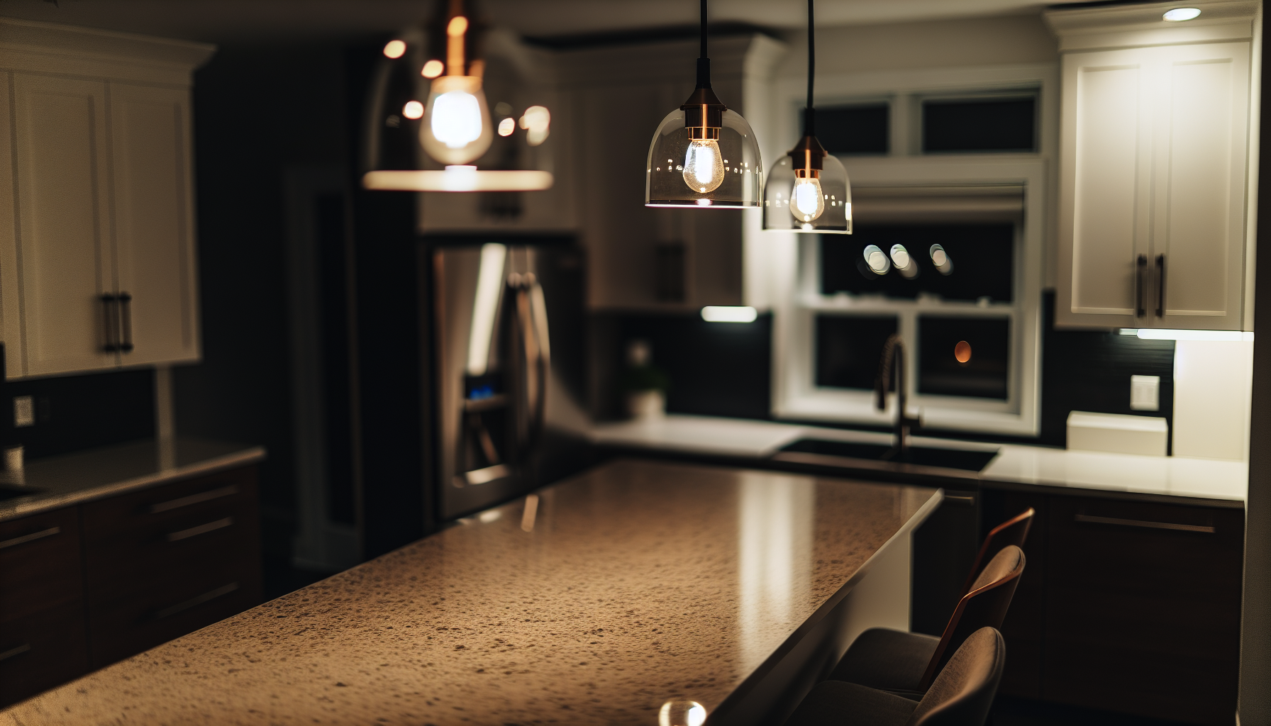 Pendant lights over a modern kitchen island